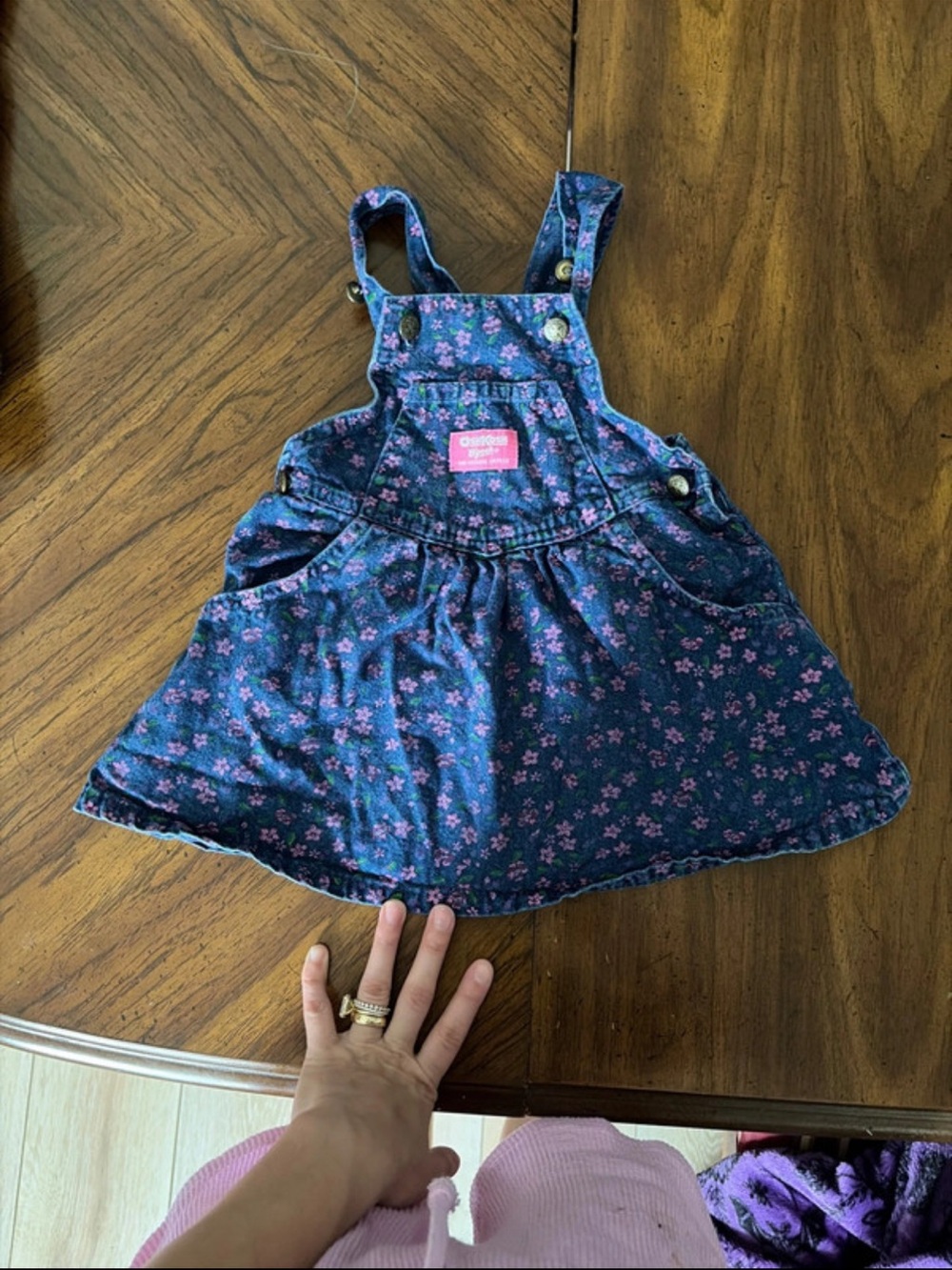 VINTAGE OshKosh B'gosh Navy Floral Denim Skirt-Overall with Pink Flowers